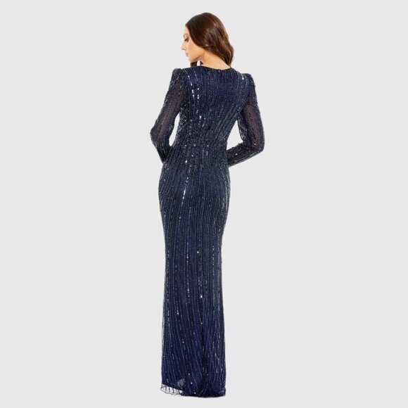 NWT Mac Duggal Embellished Puff Sleeve Side Knot Gown Navy 10 #8491 - Picture 4 of 8